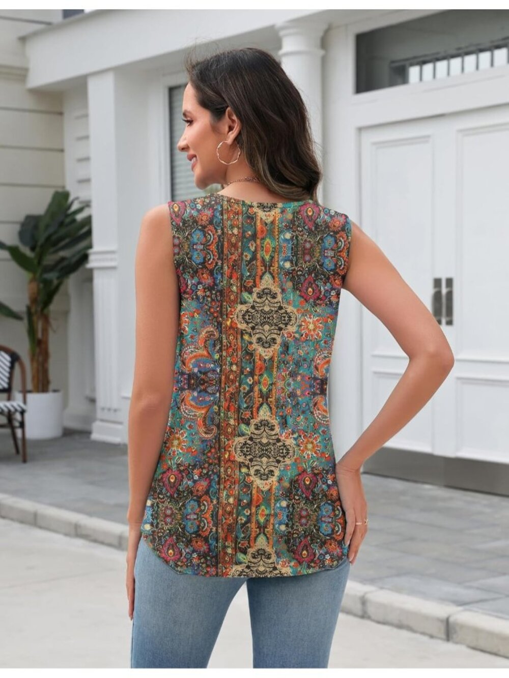 Women's Spring Summer V Neck Multicolor Mz721 Loose Fit Sleeveless Tops Beach - Picture 3 of 5